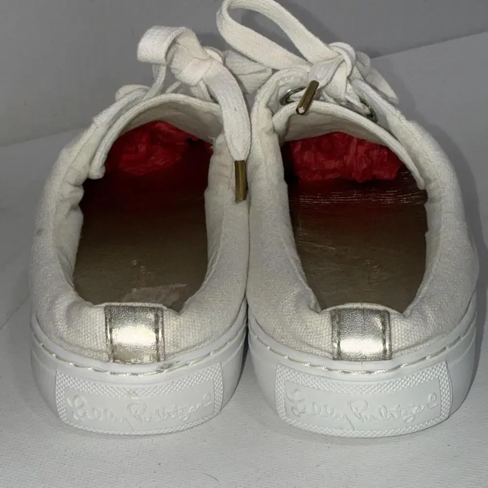 Lilly Pulitzer White Preppy Minimalist Old Money Gold Accents Mule Sneaker Sz 10